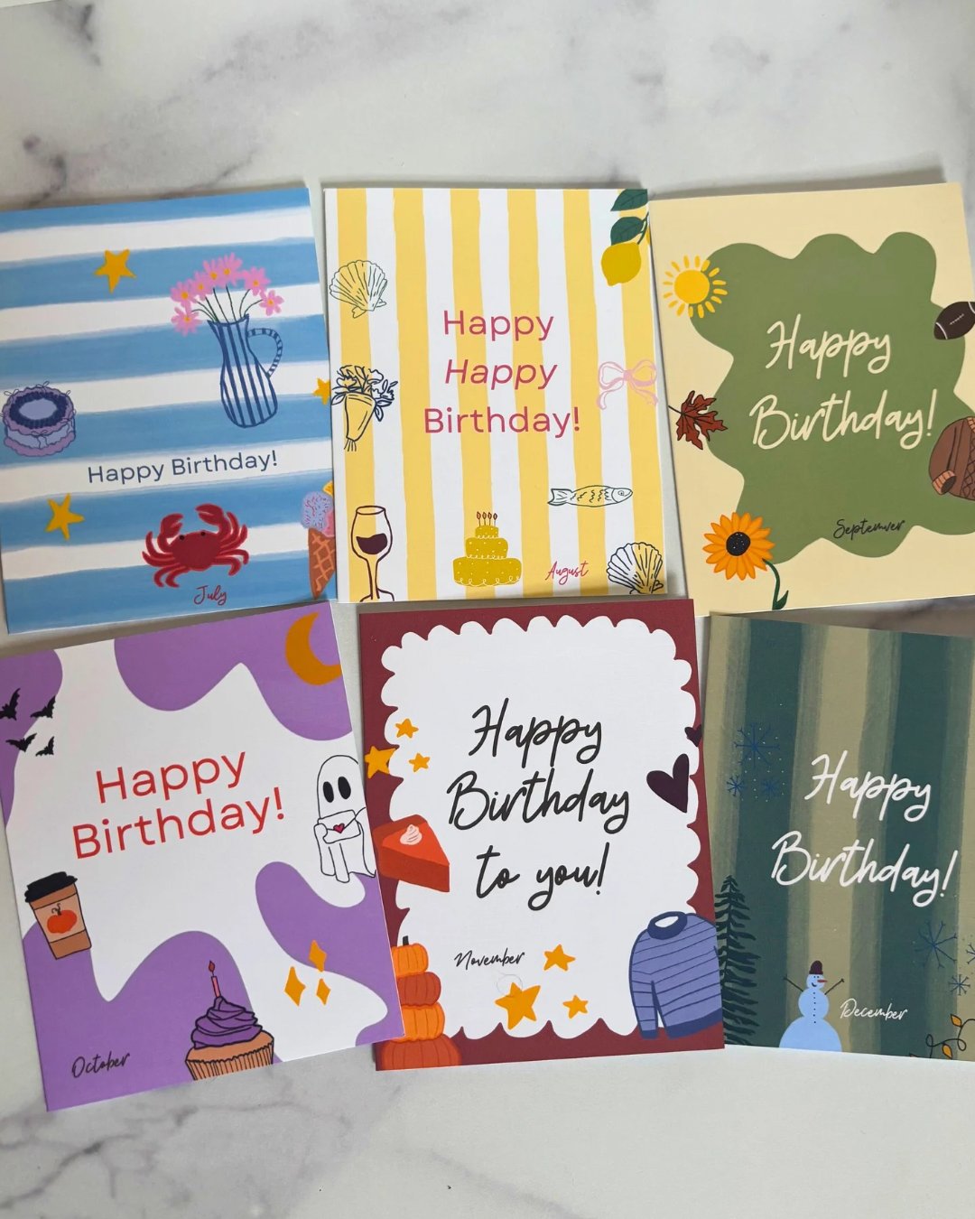 Monthly-themed birthday cards
